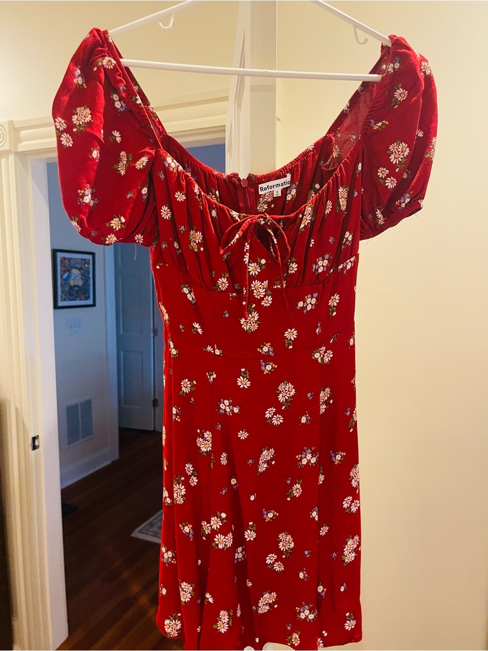Reformation Red Daisy Puff-Sleeve Mini Dress